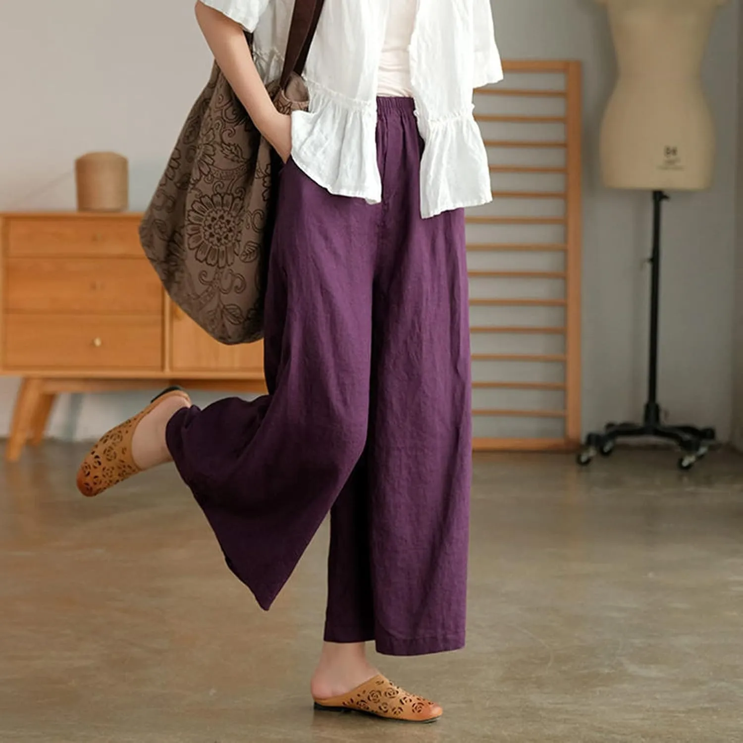 Uillui Women's Cotton Linen Summer Palazzo Pants Flowy Loose Elastic Waist Trousers Cropped Wide Leg Lounge Pant with Pocket
