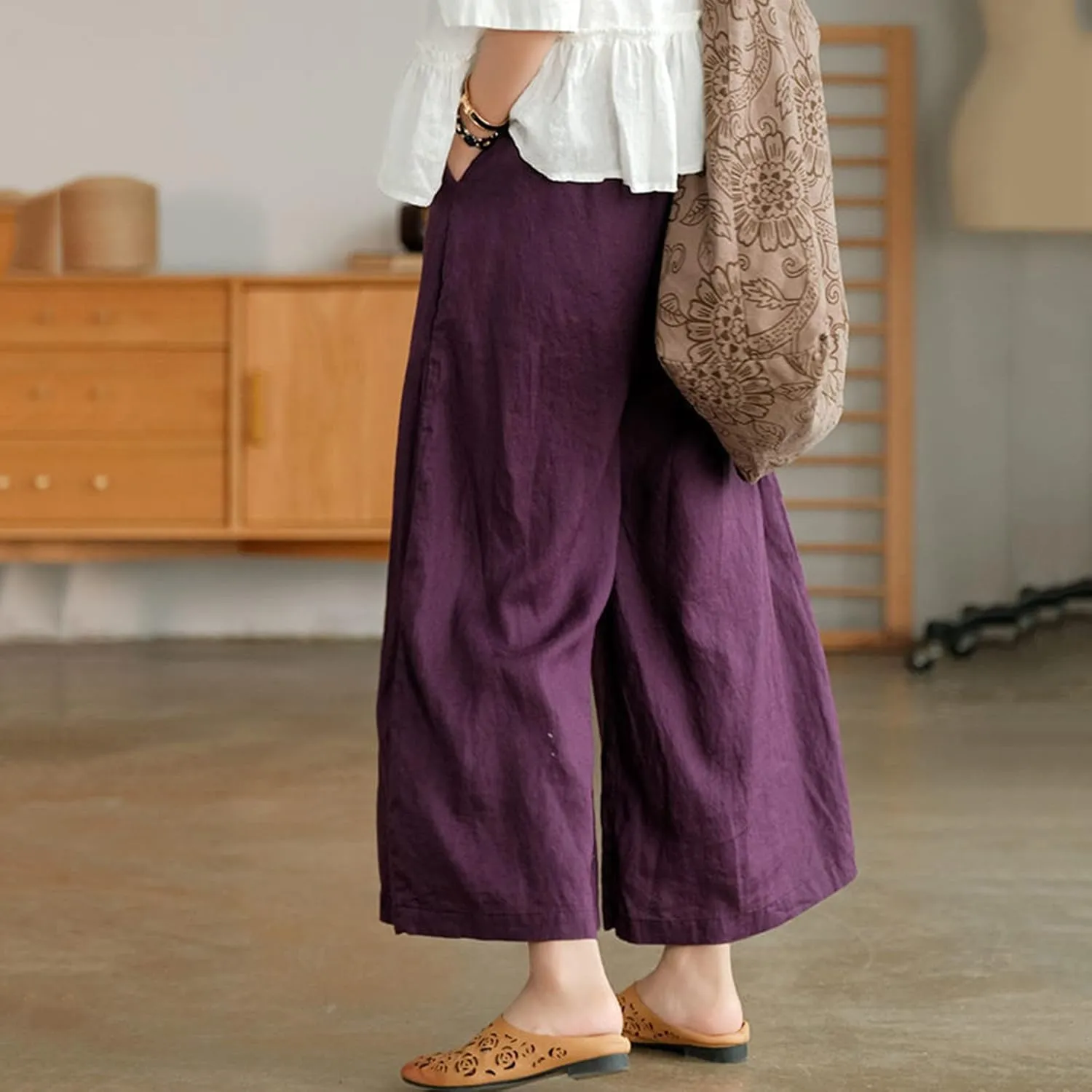 Uillui Women's Cotton Linen Summer Palazzo Pants Flowy Loose Elastic Waist Trousers Cropped Wide Leg Lounge Pant with Pocket