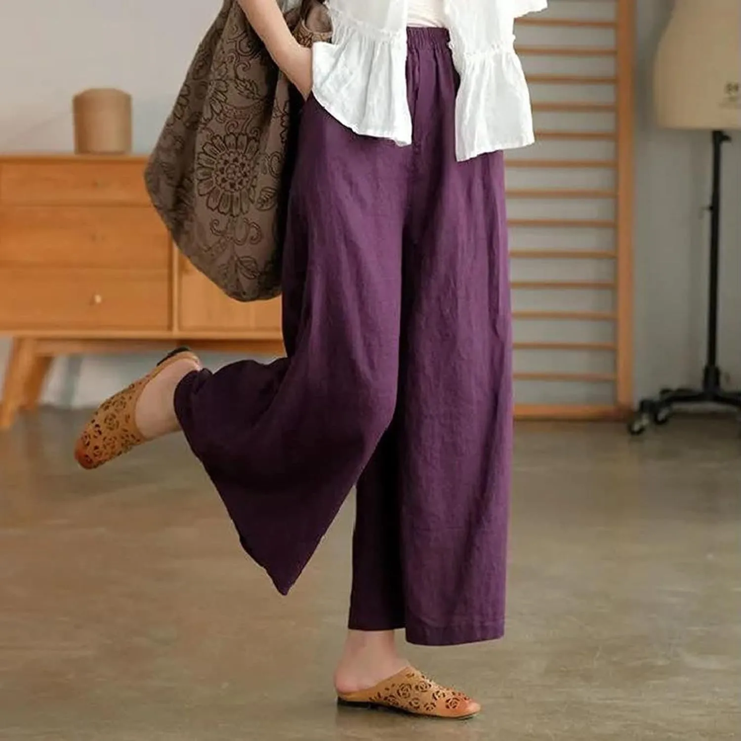 Uillui Women's Cotton Linen Summer Palazzo Pants Flowy Loose Elastic Waist Trousers Cropped Wide Leg Lounge Pant with Pocket