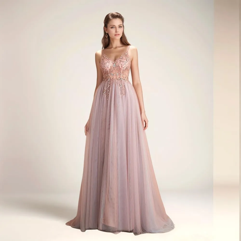 VK Backless V Cut Formal Dress Breathable Mesh Cocktail Party Gown with Detachable Waist Chain and Anti-Slip Straps