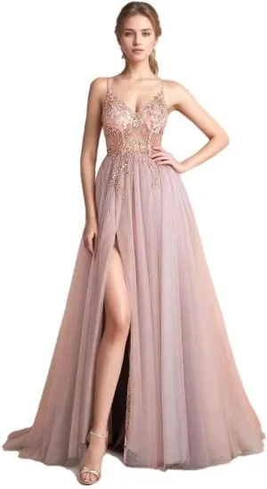 VK Backless V Cut Formal Dress Breathable Mesh Cocktail Party Gown with Detachable Waist Chain and Anti-Slip Straps
