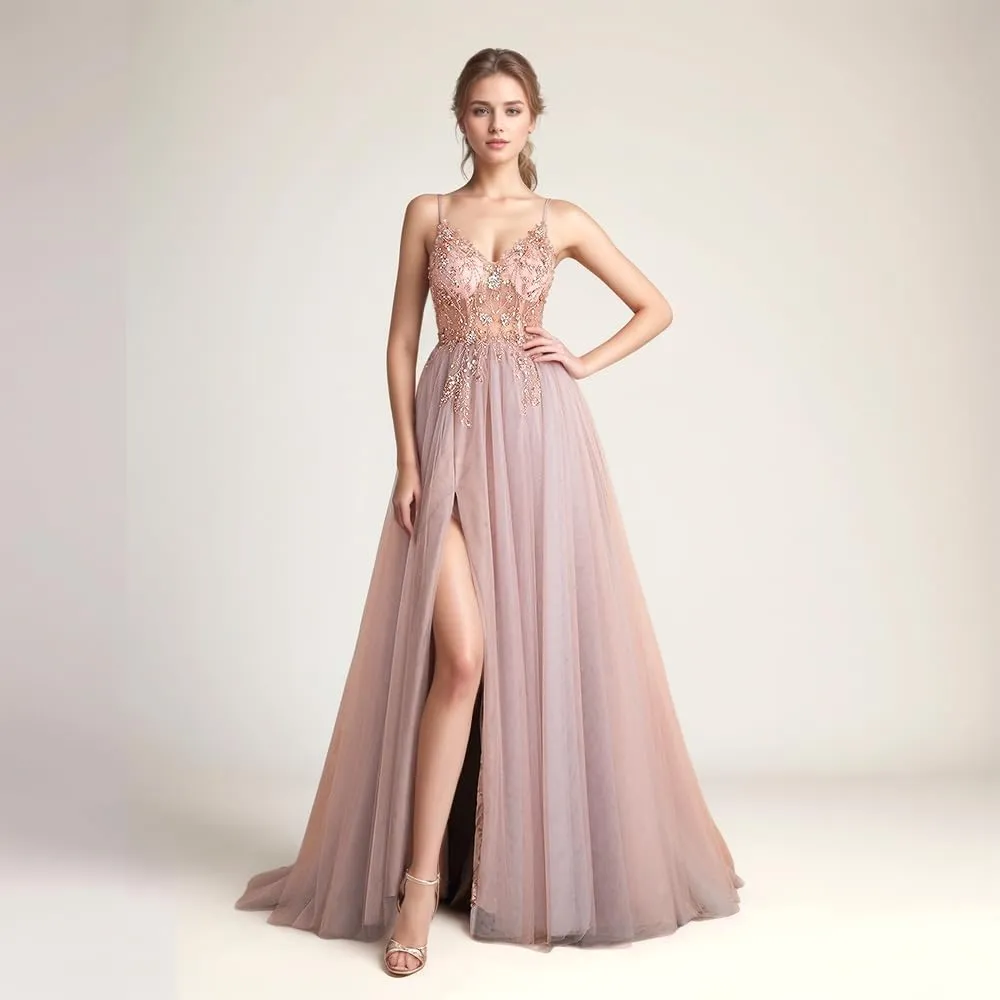 VK Backless V Cut Formal Dress Breathable Mesh Cocktail Party Gown with Detachable Waist Chain and Anti-Slip Straps