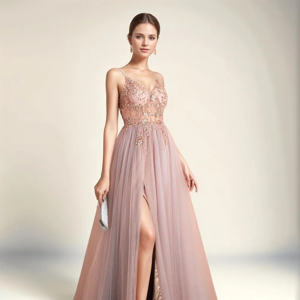 VK Backless V Cut Formal Dress Breathable Mesh Cocktail Party Gown with Detachable Waist Chain and Anti-Slip Straps