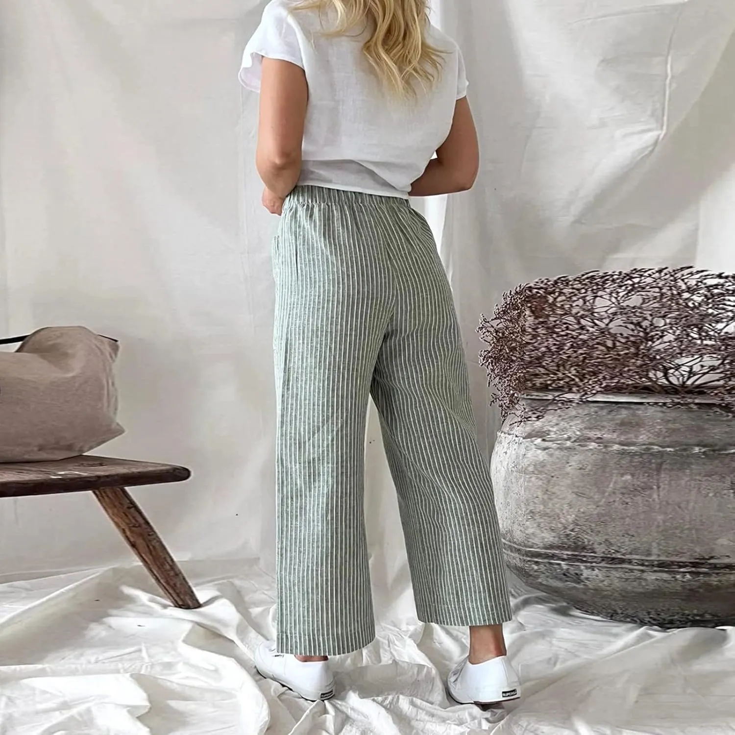 White Linen Pants Women Plus Size Women's Casual Cotton Linen Baggy Pants with Elastic Waist Relax Fit Lantern Trouser