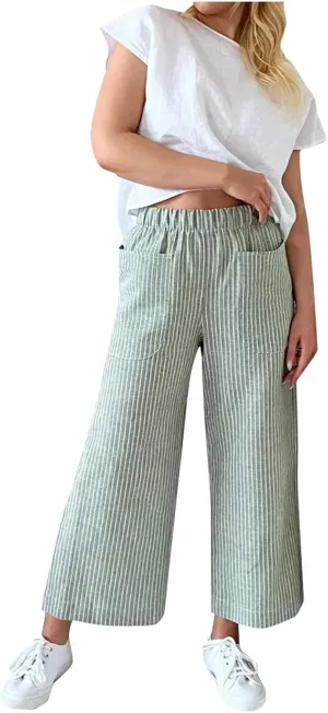 White Linen Pants Women Plus Size Women's Casual Cotton Linen Baggy Pants with Elastic Waist Relax Fit Lantern Trouser
