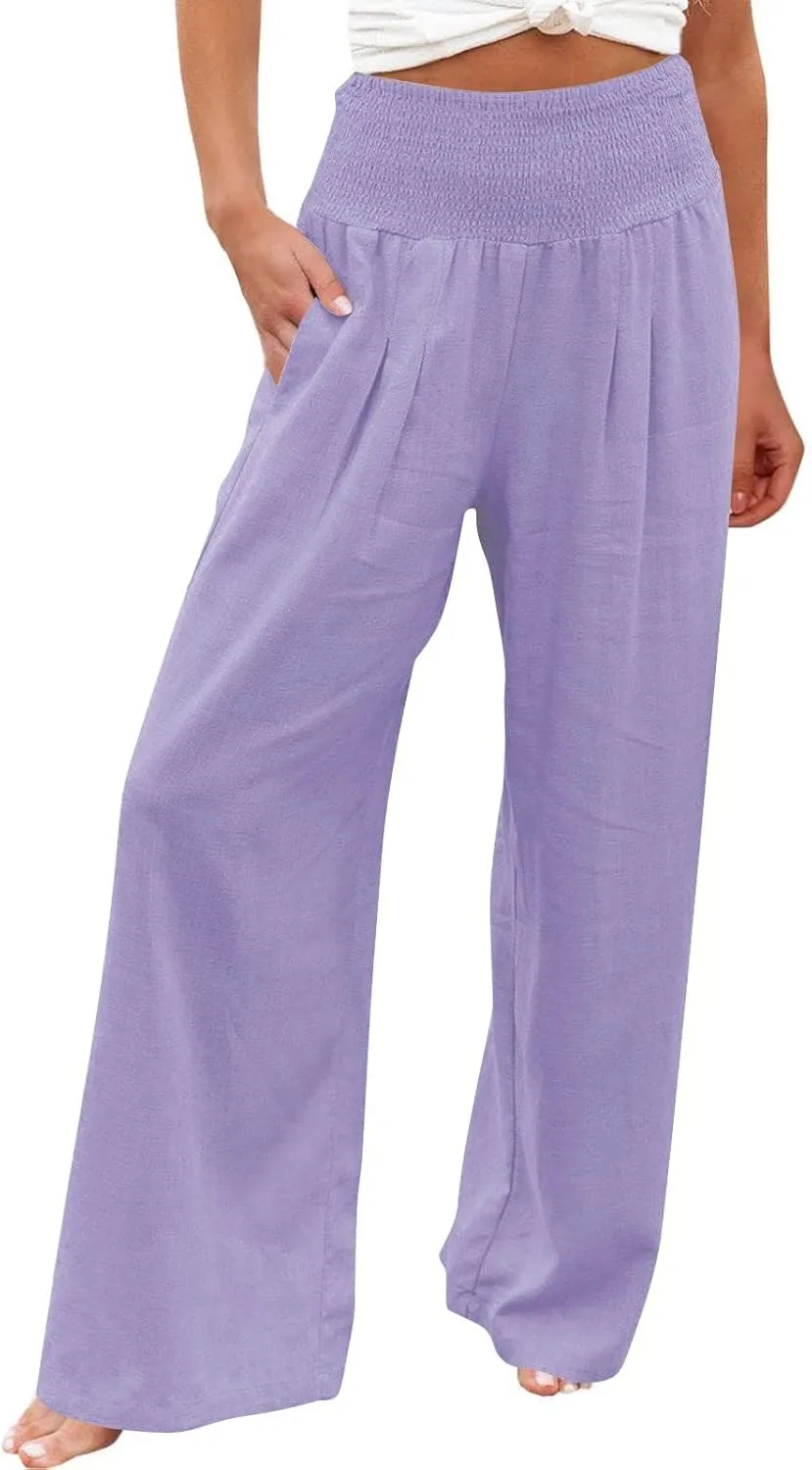 White Linen Pants Women Plus Size Women's Casual Cotton Linen Baggy Pants with Elastic Waist Relax Fit Lantern Trouser