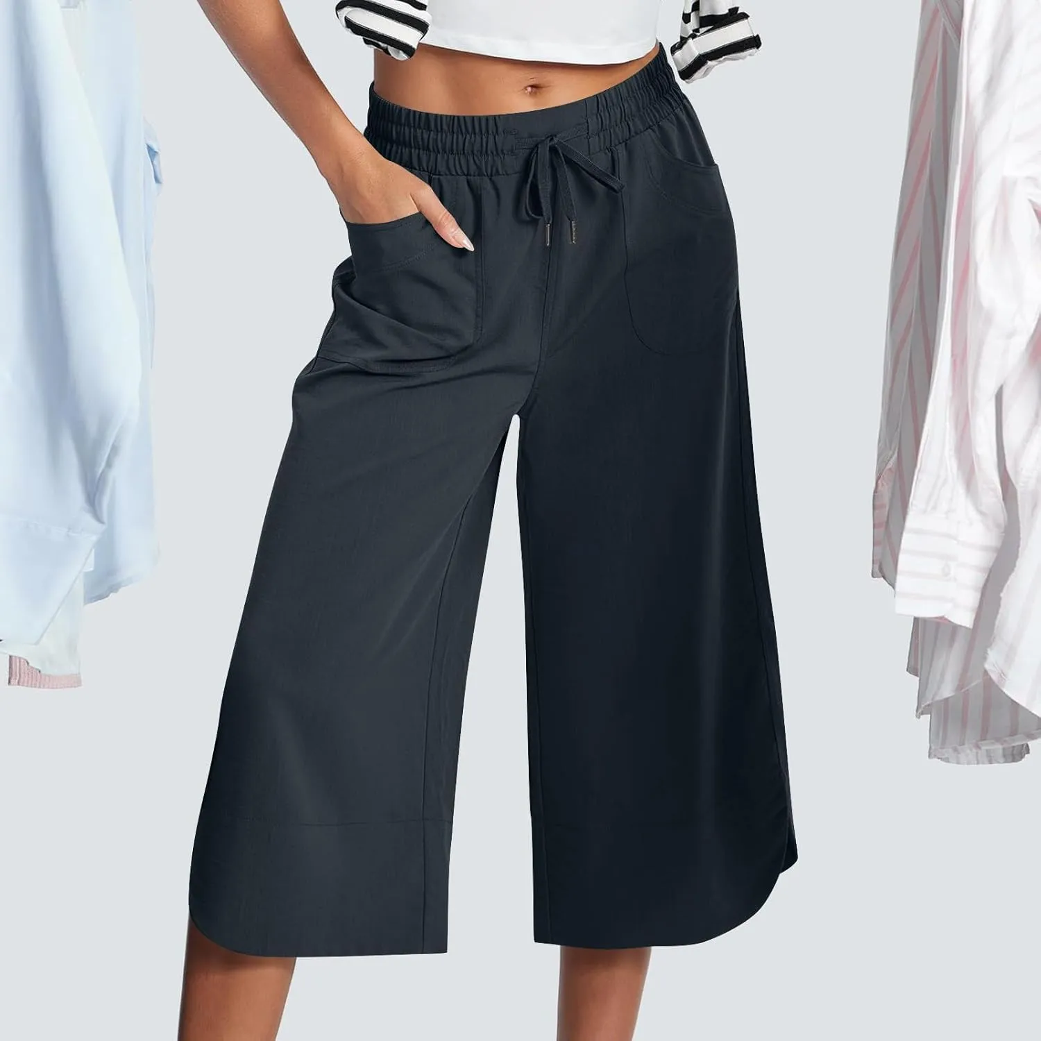 Wide Leg Capri Pants for Women Side Slit Hem Summer Casual Elastic High Waisted Cropped Trousers with Pockets