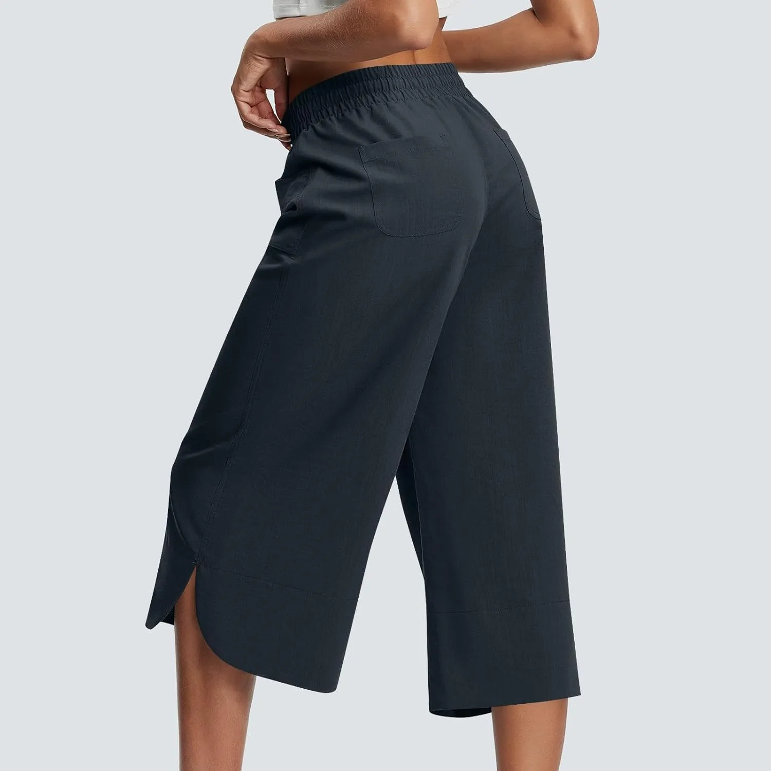 Wide Leg Capri Pants for Women Side Slit Hem Summer Casual Elastic High Waisted Cropped Trousers with Pockets