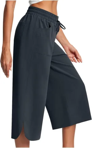 Wide Leg Capri Pants for Women Side Slit Hem Summer Casual Elastic High Waisted Cropped Trousers with Pockets