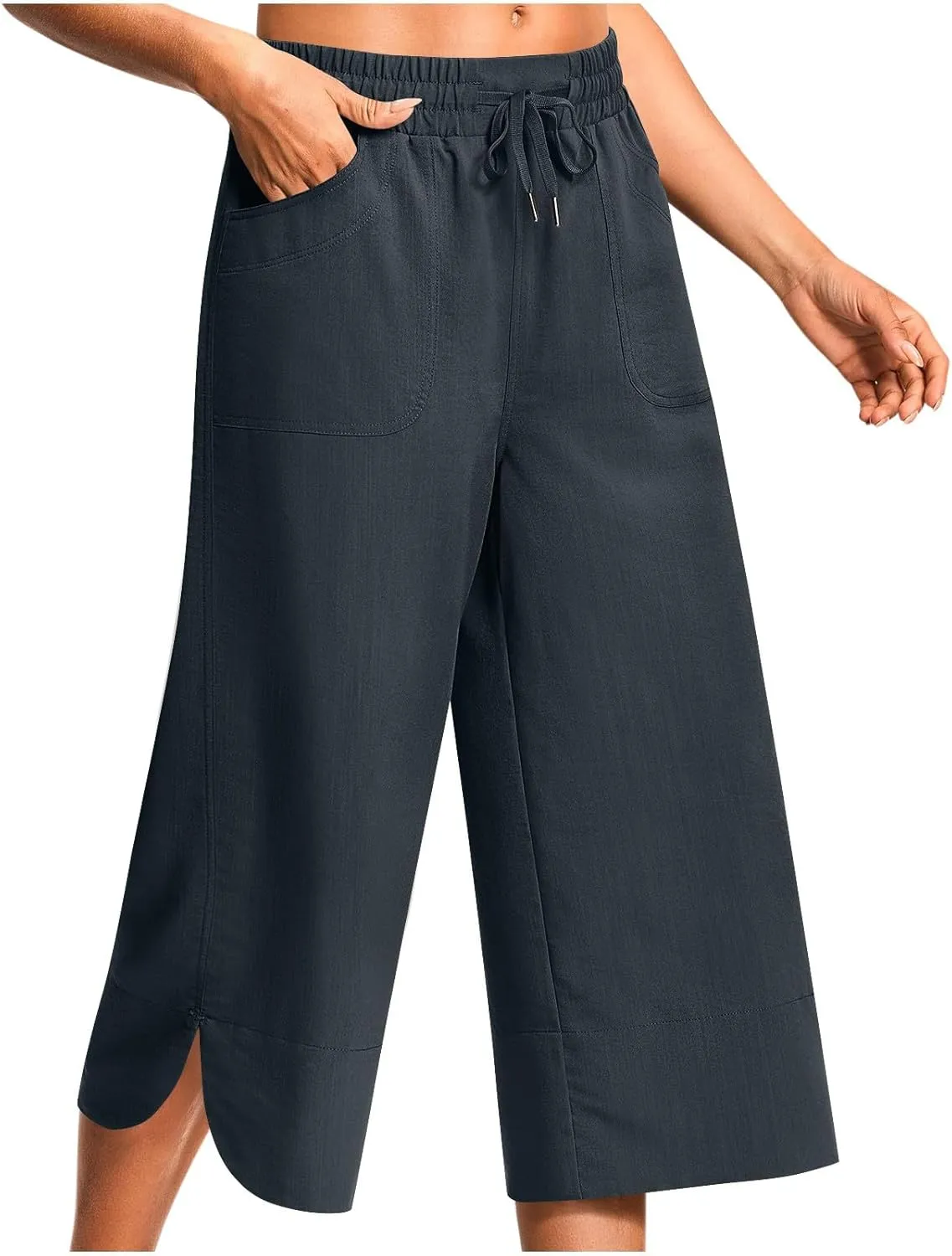 Wide Leg Capri Pants for Women Side Slit Hem Summer Casual Elastic High Waisted Cropped Trousers with Pockets