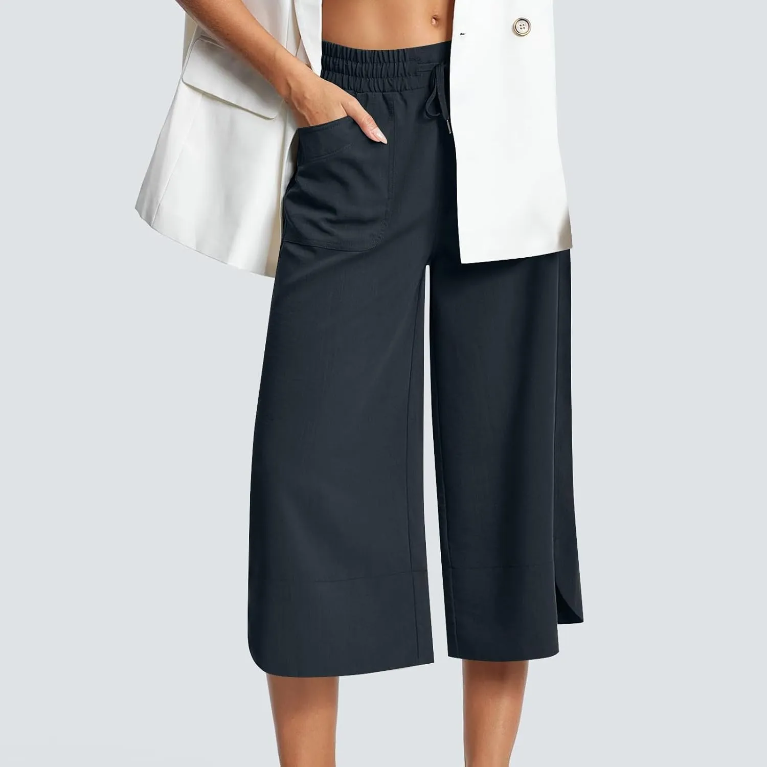 Wide Leg Capri Pants for Women Side Slit Hem Summer Casual Elastic High Waisted Cropped Trousers with Pockets