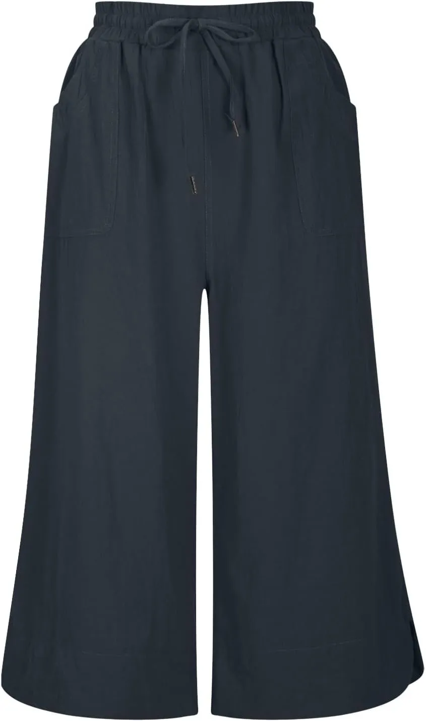 Wide Leg Capri Pants for Women Side Slit Hem Summer Casual Elastic High Waisted Cropped Trousers with Pockets