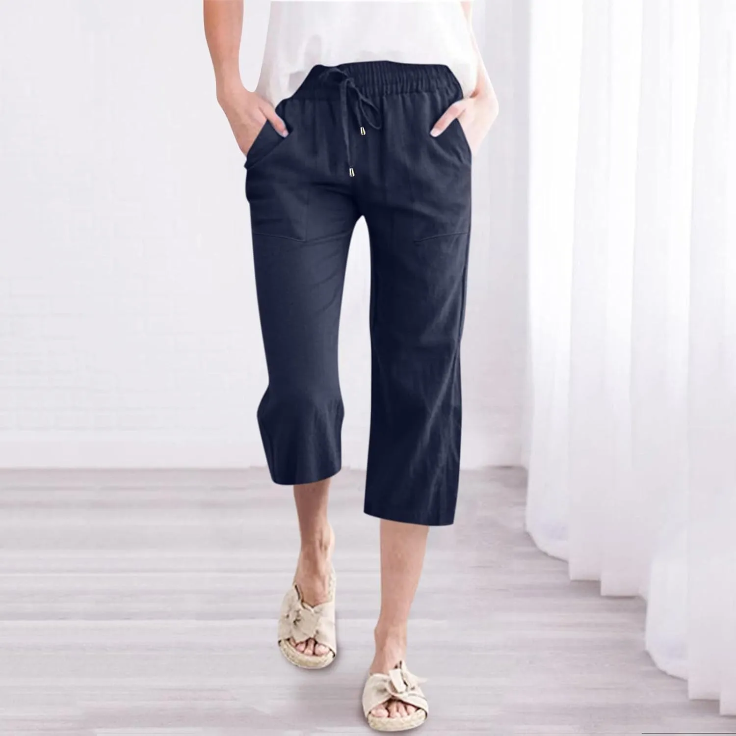 Wide Leg Capris For Women Linen Casual 2024 Summer Drawstring Straight Leg Cropped Trouser Boho Fashion Lounge Pant