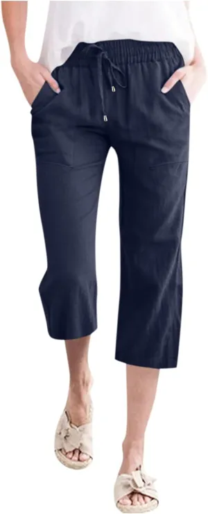 Wide Leg Capris For Women Linen Casual 2024 Summer Drawstring Straight Leg Cropped Trouser Boho Fashion Lounge Pant