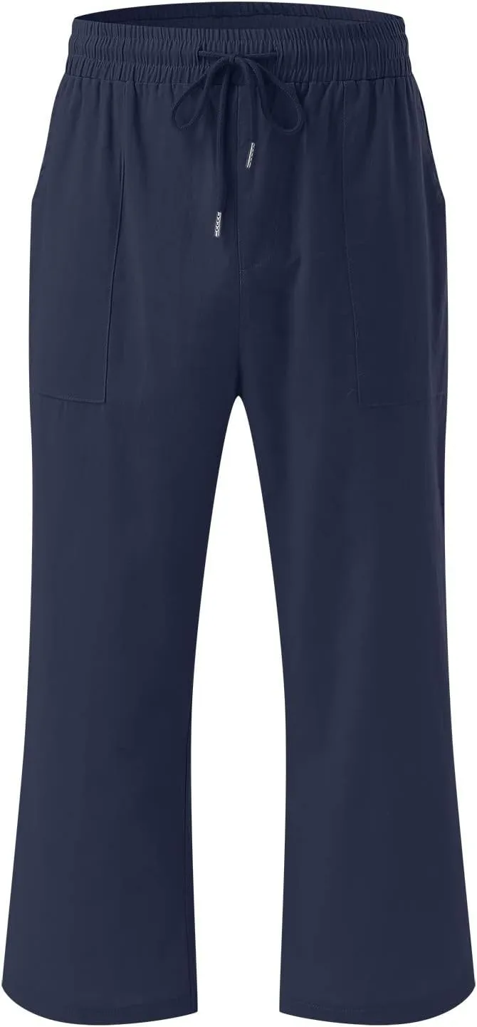 Wide Leg Capris For Women Linen Casual 2024 Summer Drawstring Straight Leg Cropped Trouser Boho Fashion Lounge Pant