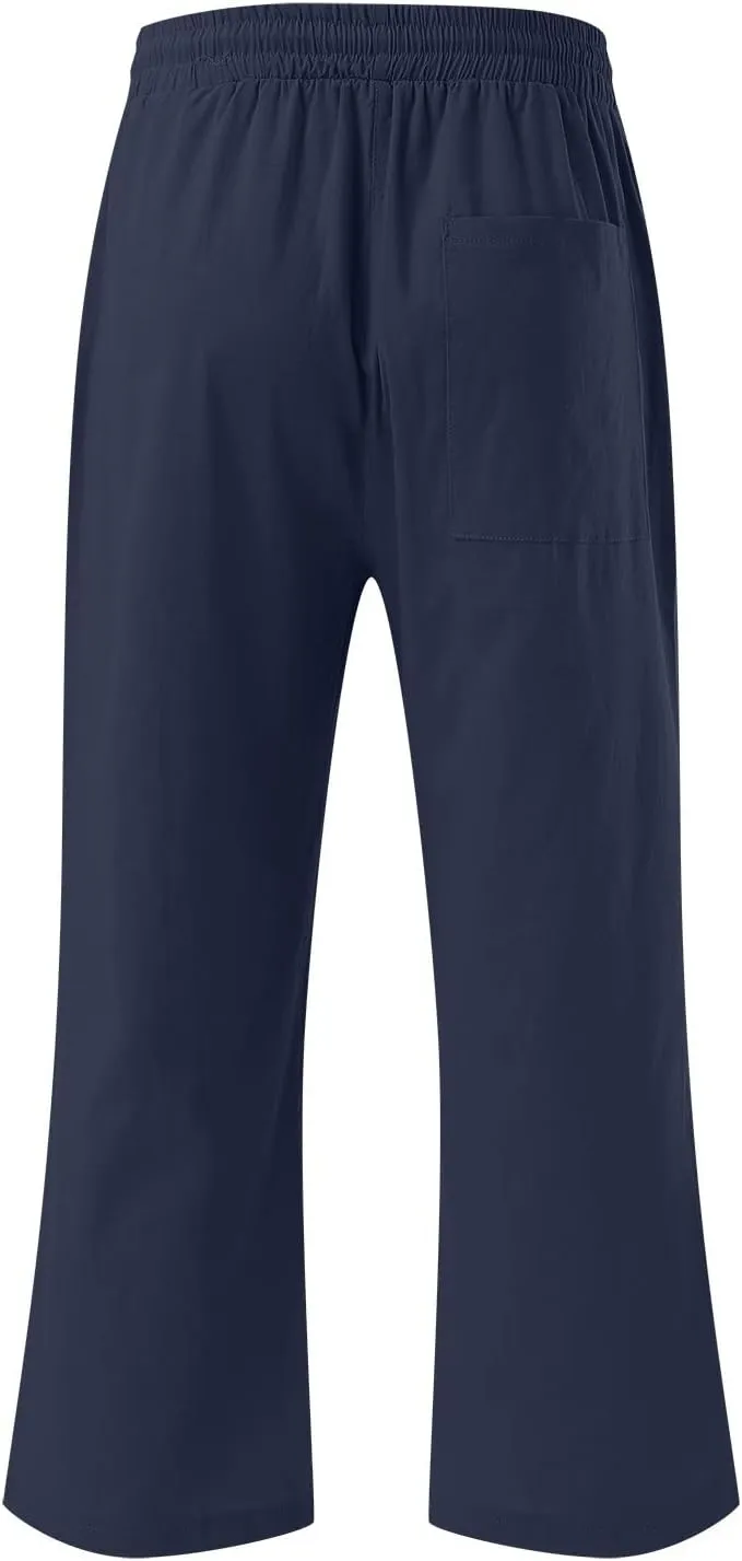 Wide Leg Capris For Women Linen Casual 2024 Summer Drawstring Straight Leg Cropped Trouser Boho Fashion Lounge Pant