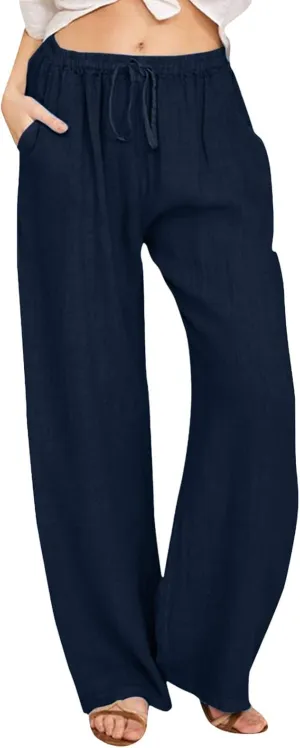 Wide Leg Linen Pants For Women Summer Boho High Elastic Waist Lounge Trouser Drawstring Casual Baggy Palazzo Pants