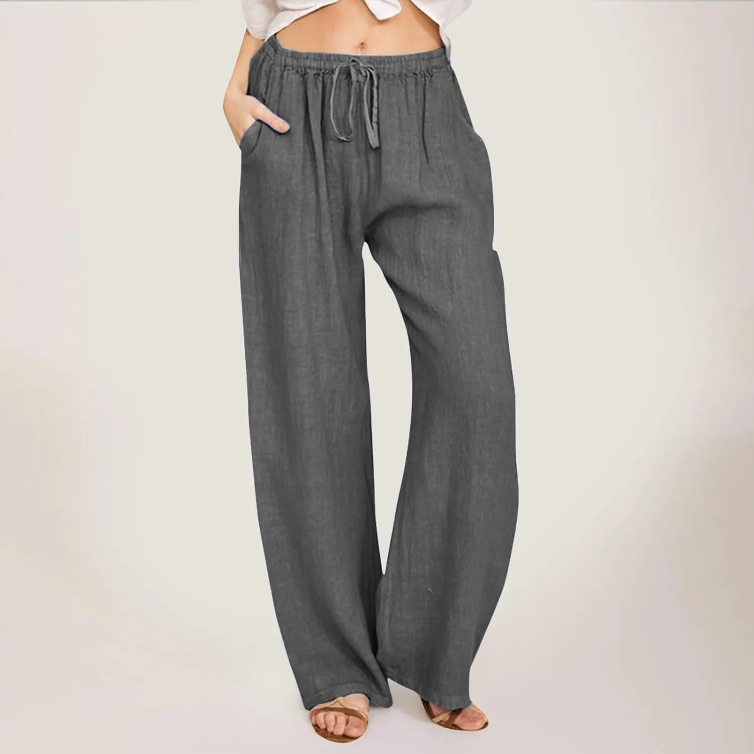 Wide Leg Linen Pants For Women Summer Boho High Elastic Waist Lounge Trouser Drawstring Casual Baggy Palazzo Pants
