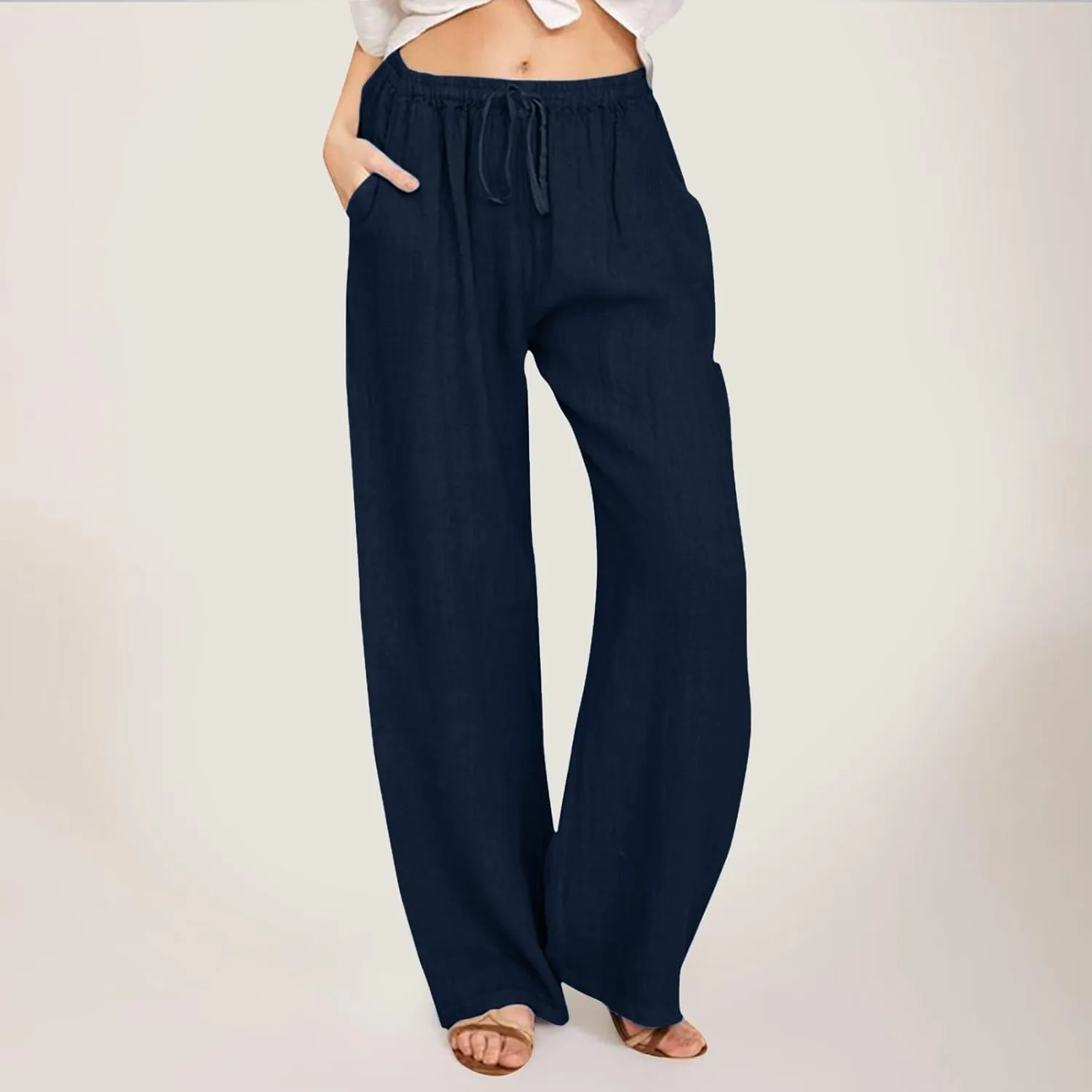 Wide Leg Linen Pants For Women Summer Boho High Elastic Waist Lounge Trouser Drawstring Casual Baggy Palazzo Pants