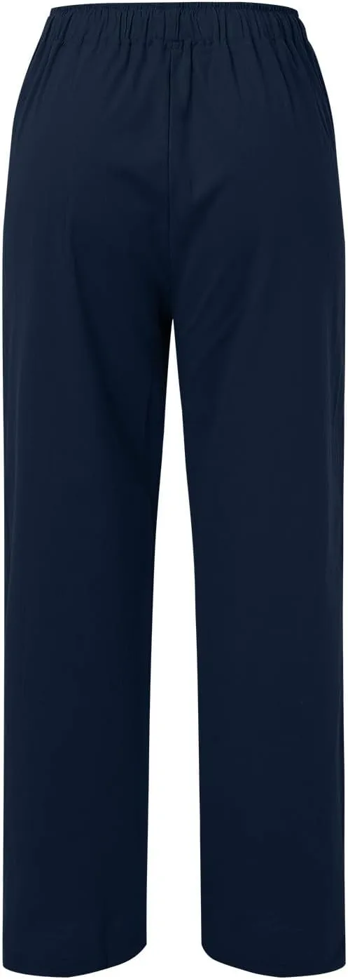 Wide Leg Linen Pants For Women Summer Boho High Elastic Waist Lounge Trouser Drawstring Casual Baggy Palazzo Pants