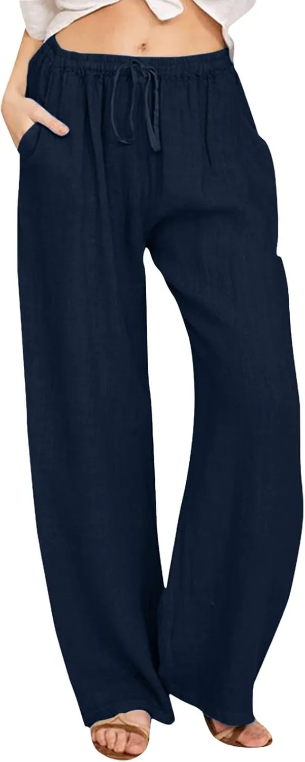Wide Leg Linen Pants For Women Summer Boho High Elastic Waist Lounge Trouser Drawstring Casual Baggy Palazzo Pants