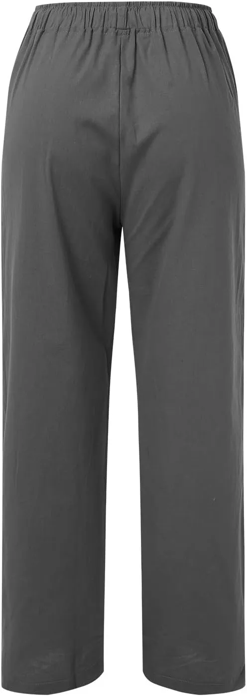 Wide Leg Linen Pants For Women Summer Boho High Elastic Waist Lounge Trouser Drawstring Casual Baggy Palazzo Pants
