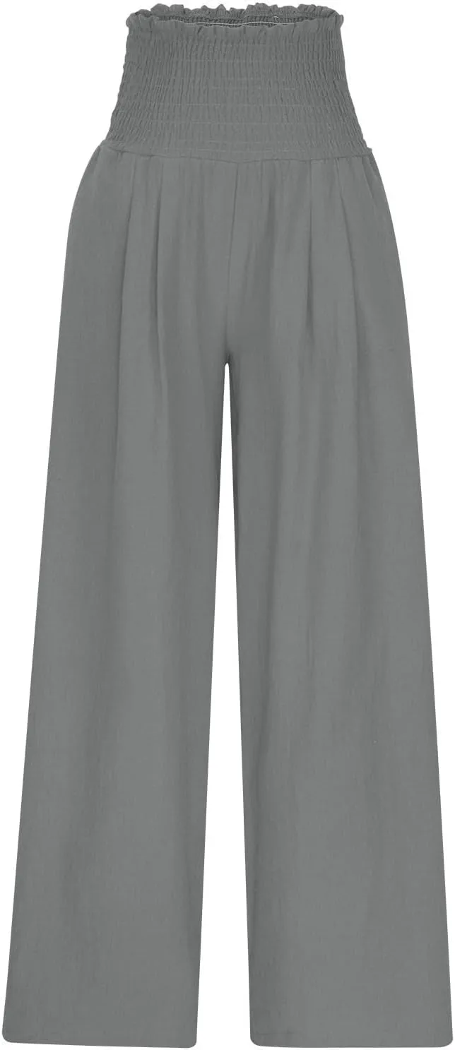 Wide Leg Palazzo Pants for Women Cotton Linen Smocked High Waisted Flowy Loose Casual Lounge Trousers with Pockets