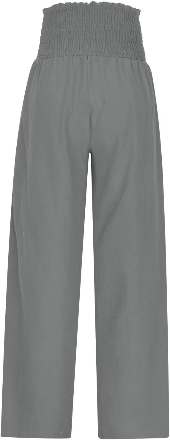 Wide Leg Palazzo Pants for Women Cotton Linen Smocked High Waisted Flowy Loose Casual Lounge Trousers with Pockets