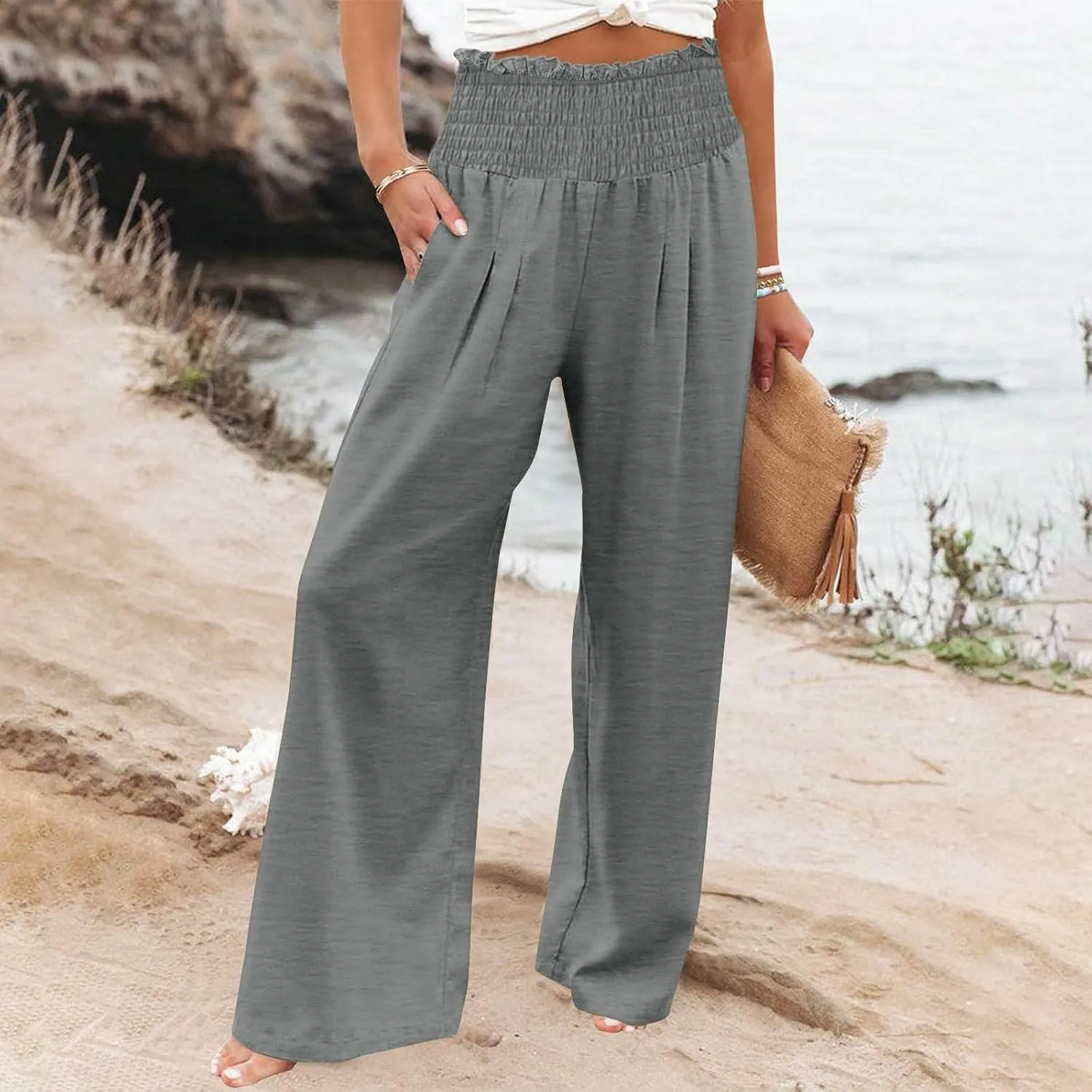 Wide Leg Palazzo Pants for Women Cotton Linen Smocked High Waisted Flowy Loose Casual Lounge Trousers with Pockets