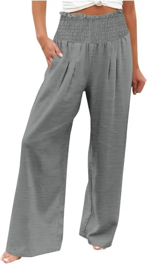 Wide Leg Palazzo Pants for Women Cotton Linen Smocked High Waisted Flowy Loose Casual Lounge Trousers with Pockets