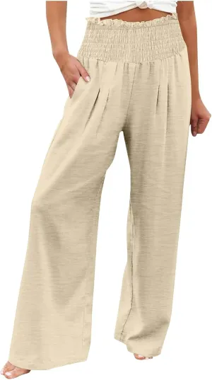 Wide Leg Palazzo Pants for Women Cotton Linen Smocked High Waisted Flowy Loose Casual Lounge Trousers with Pockets