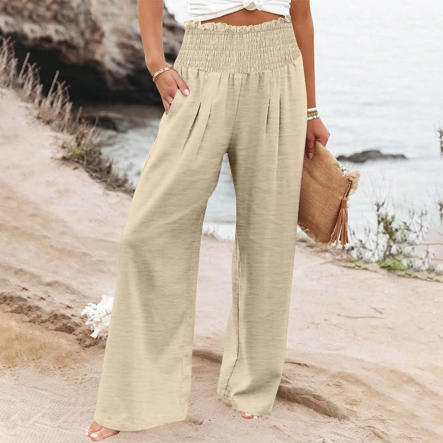 Wide Leg Palazzo Pants for Women Cotton Linen Smocked High Waisted Flowy Loose Casual Lounge Trousers with Pockets