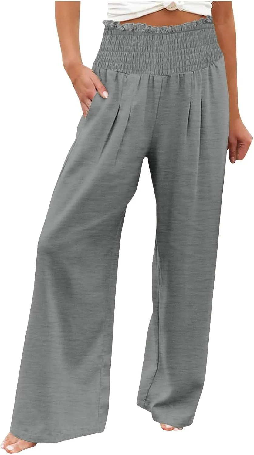 Wide Leg Palazzo Pants for Women Cotton Linen Smocked High Waisted Flowy Loose Casual Lounge Trousers with Pockets