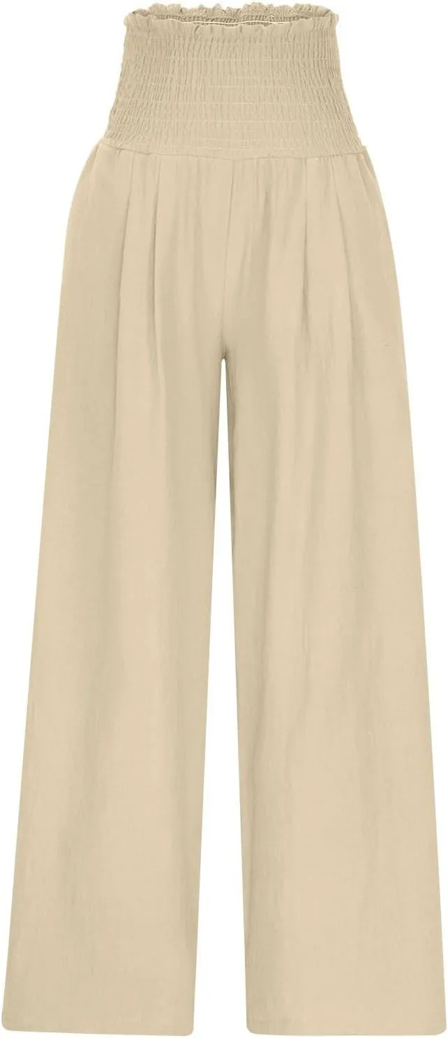 Wide Leg Palazzo Pants for Women Cotton Linen Smocked High Waisted Flowy Loose Casual Lounge Trousers with Pockets