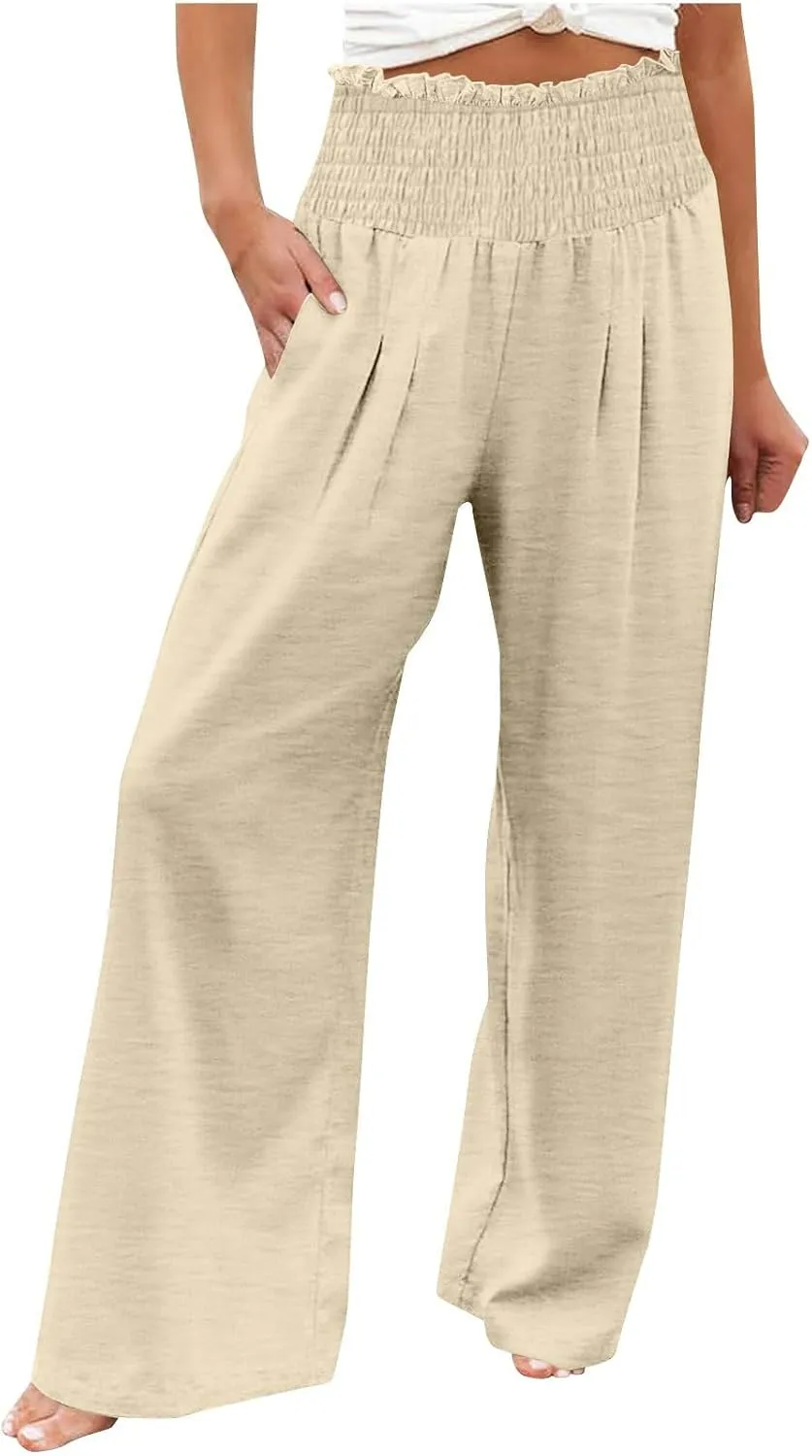 Wide Leg Palazzo Pants for Women Cotton Linen Smocked High Waisted Flowy Loose Casual Lounge Trousers with Pockets