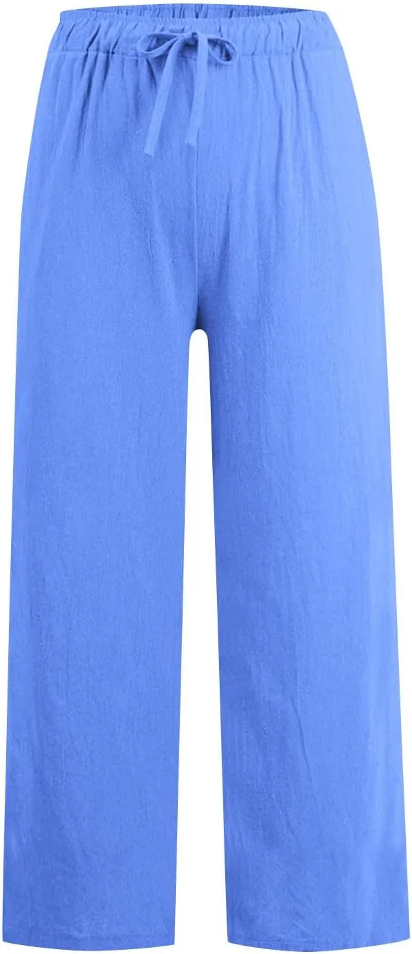 Wide Leg Pants for Women Cotton Linen Casual Summer Loose Drawstring Waist Trousers Summer Palazzo Pant with Pocket