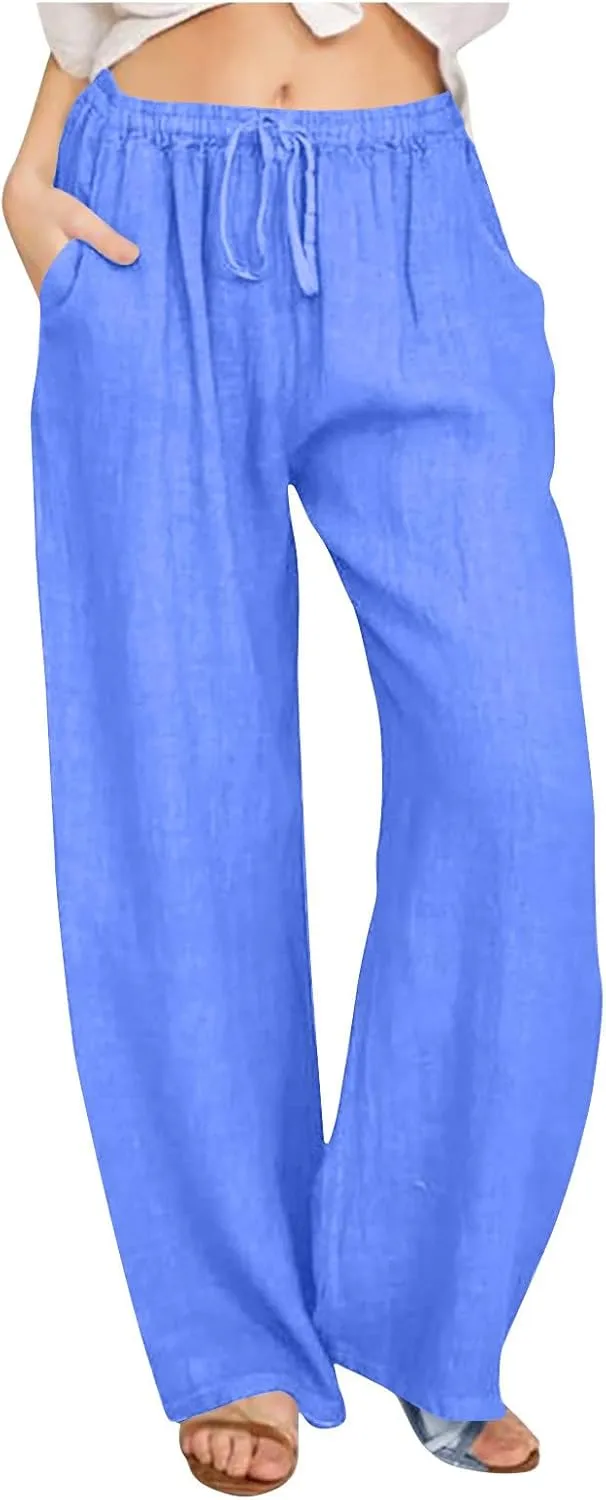 Wide Leg Pants for Women Cotton Linen Casual Summer Loose Drawstring Waist Trousers Summer Palazzo Pant with Pocket