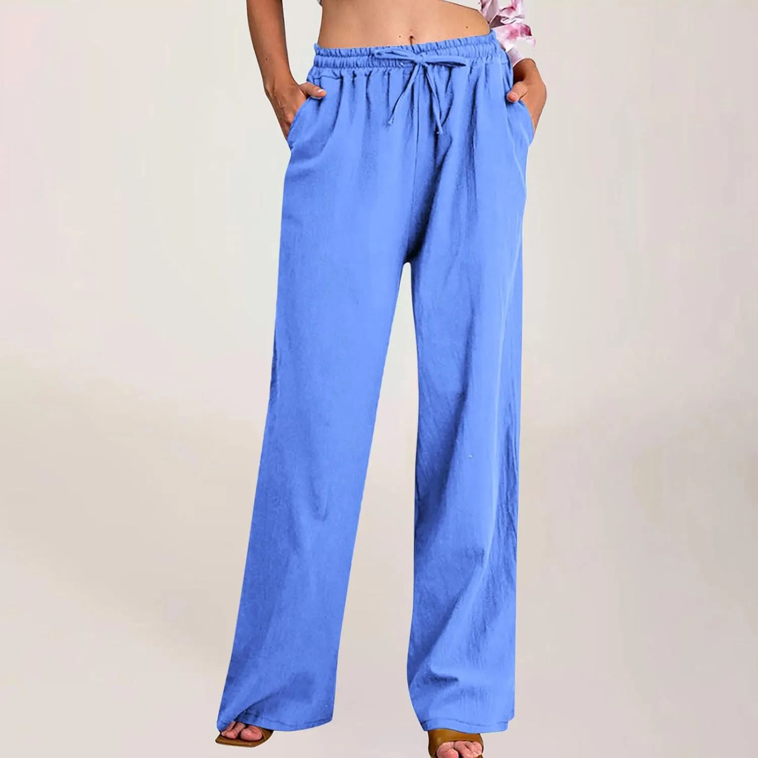 Wide Leg Pants for Women Cotton Linen Casual Summer Loose Drawstring Waist Trousers Summer Palazzo Pant with Pocket