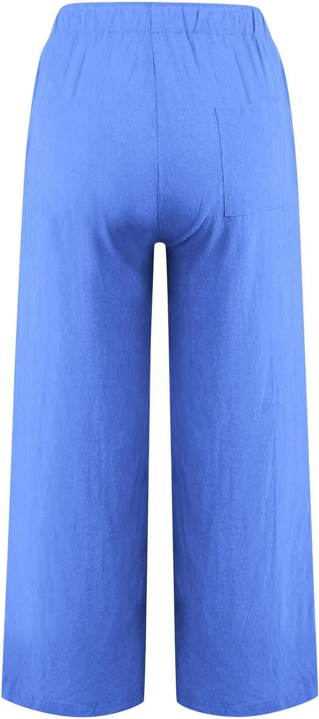 Wide Leg Pants for Women Cotton Linen Casual Summer Loose Drawstring Waist Trousers Summer Palazzo Pant with Pocket