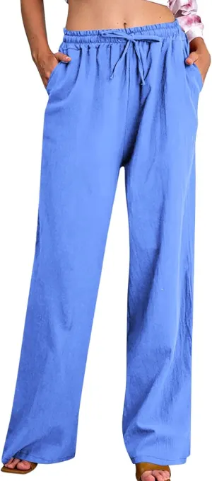 Wide Leg Pants for Women Cotton Linen Casual Summer Loose Drawstring Waist Trousers Summer Palazzo Pant with Pocket