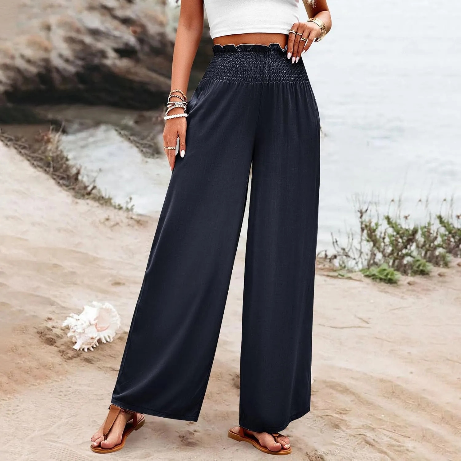 Wide Leg Pants for Women Cotton Linen Summer Pants Casual Elastic Waist High Waisted with Pockets Soft Solid Trouser