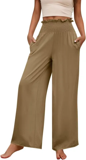 Wide Leg Pants for Women Cotton Linen Summer Pants Casual Elastic Waist High Waisted with Pockets Soft Solid Trouser