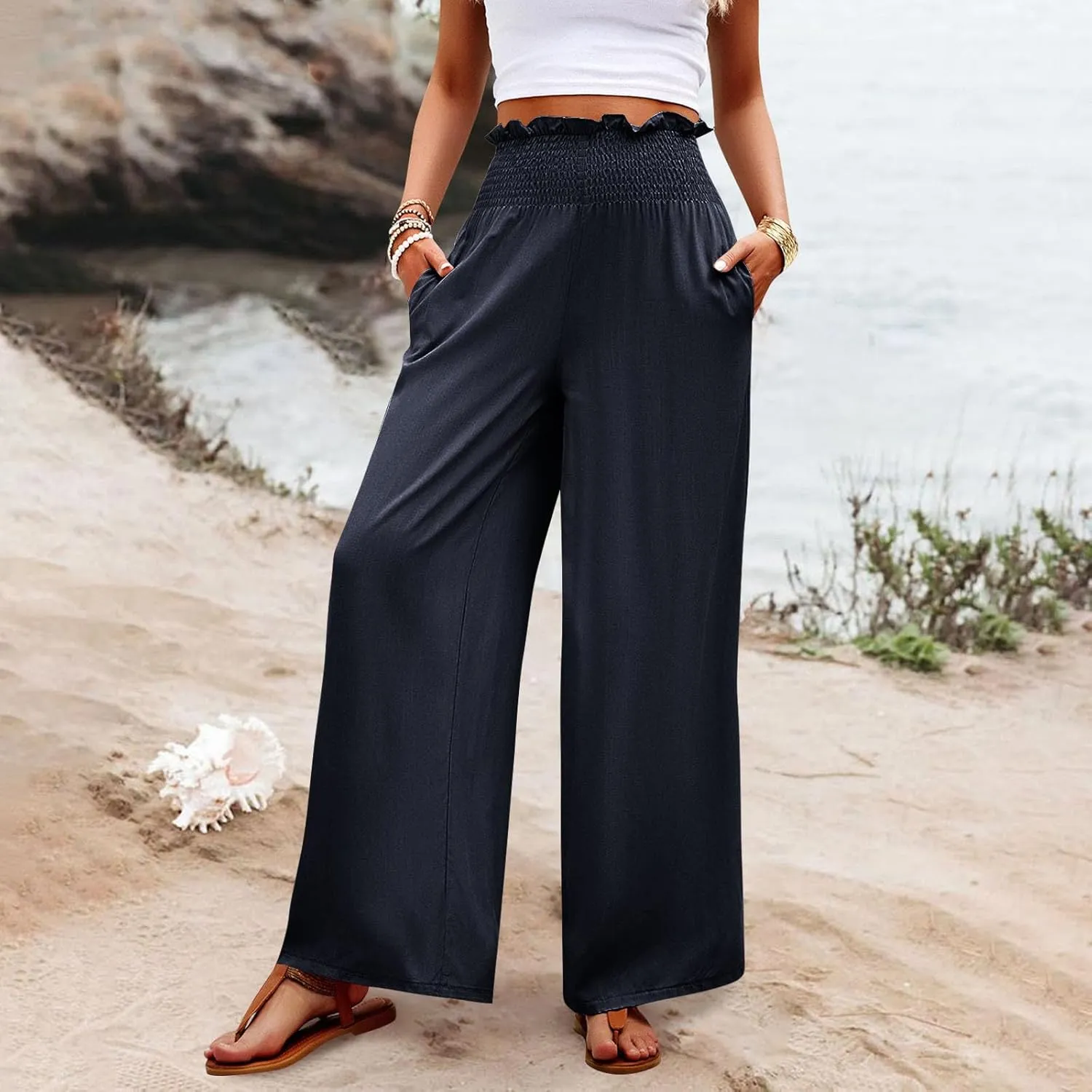 Wide Leg Pants for Women Cotton Linen Summer Pants Casual Elastic Waist High Waisted with Pockets Soft Solid Trouser