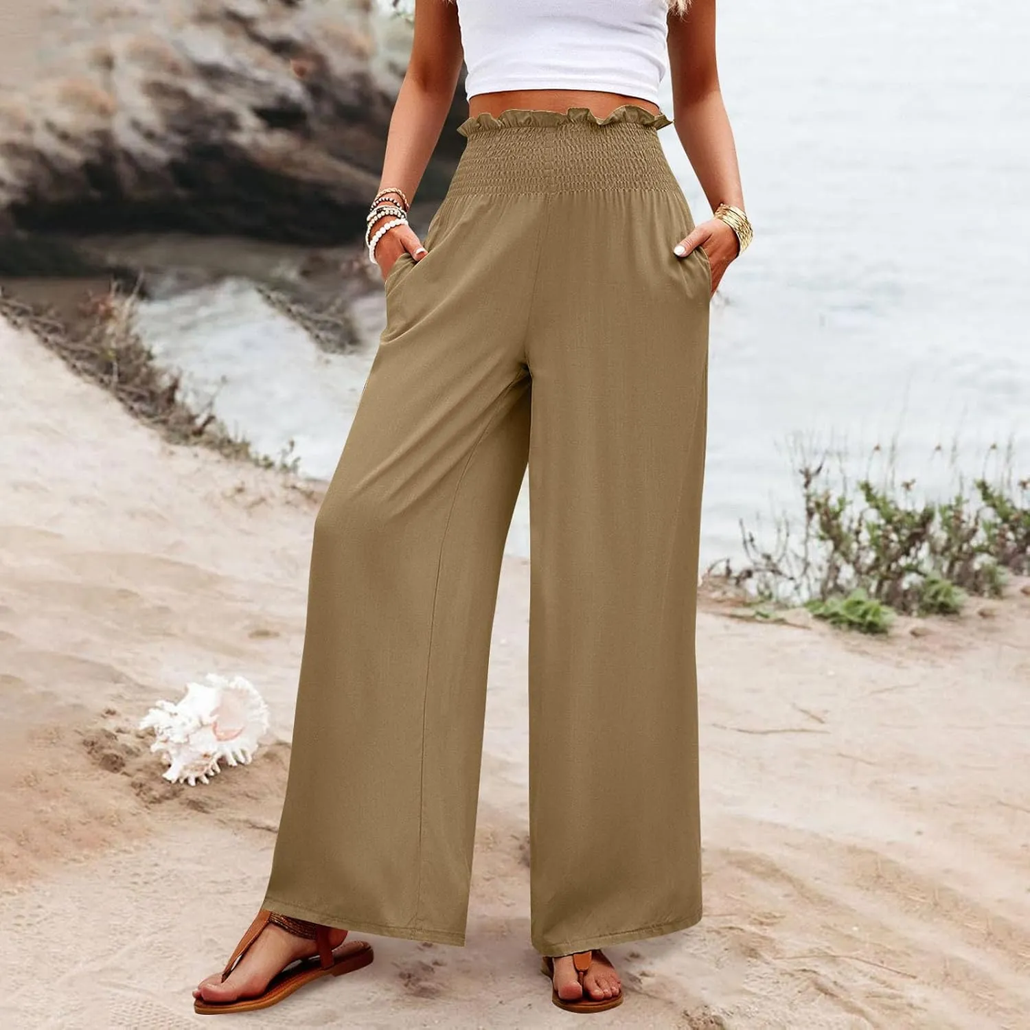Wide Leg Pants for Women Cotton Linen Summer Pants Casual Elastic Waist High Waisted with Pockets Soft Solid Trouser