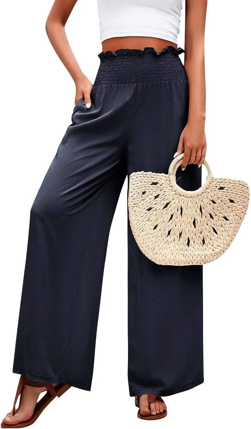 Wide Leg Pants for Women Cotton Linen Summer Pants Casual Elastic Waist High Waisted with Pockets Soft Solid Trouser