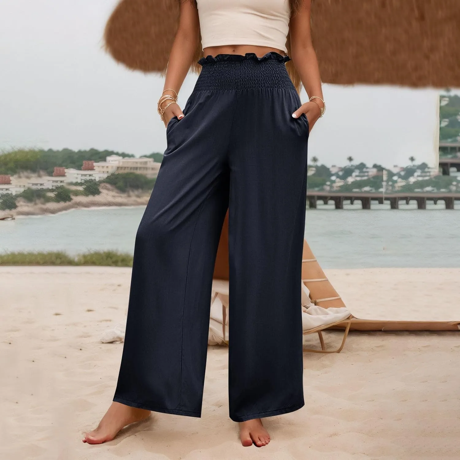 Wide Leg Pants for Women Cotton Linen Summer Pants Casual Elastic Waist High Waisted with Pockets Soft Solid Trouser