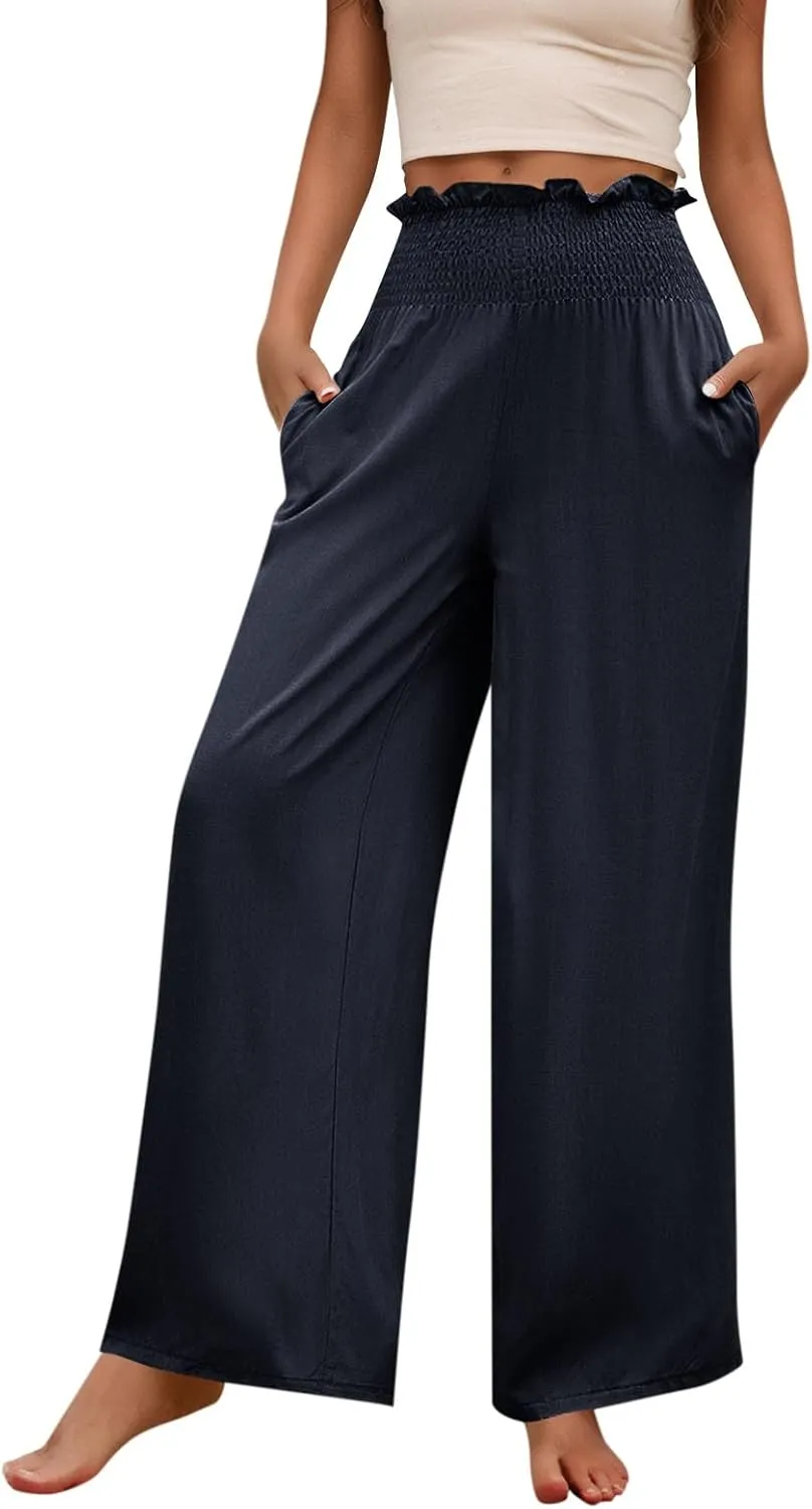 Wide Leg Pants for Women Cotton Linen Summer Pants Casual Elastic Waist High Waisted with Pockets Soft Solid Trouser
