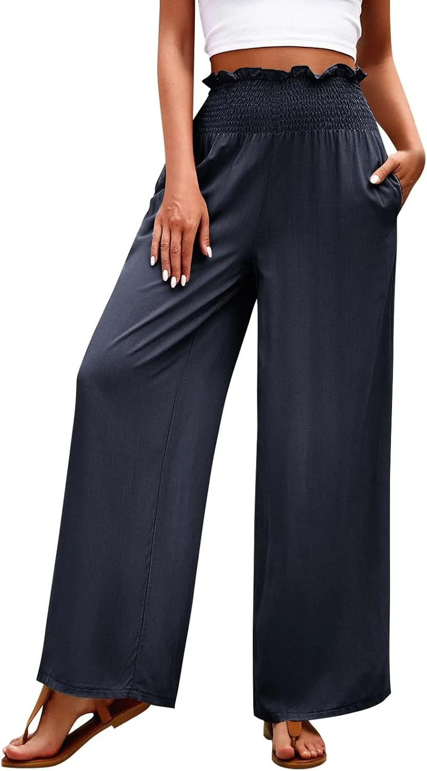 Wide Leg Pants for Women Cotton Linen Summer Pants Casual Elastic Waist High Waisted with Pockets Soft Solid Trouser