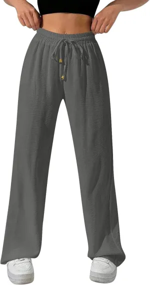 Wide Leg Pants Women Casual Linen Pants Drawstring Elastic Waist Summer Cute Pant Lounge Trouser with Pockets