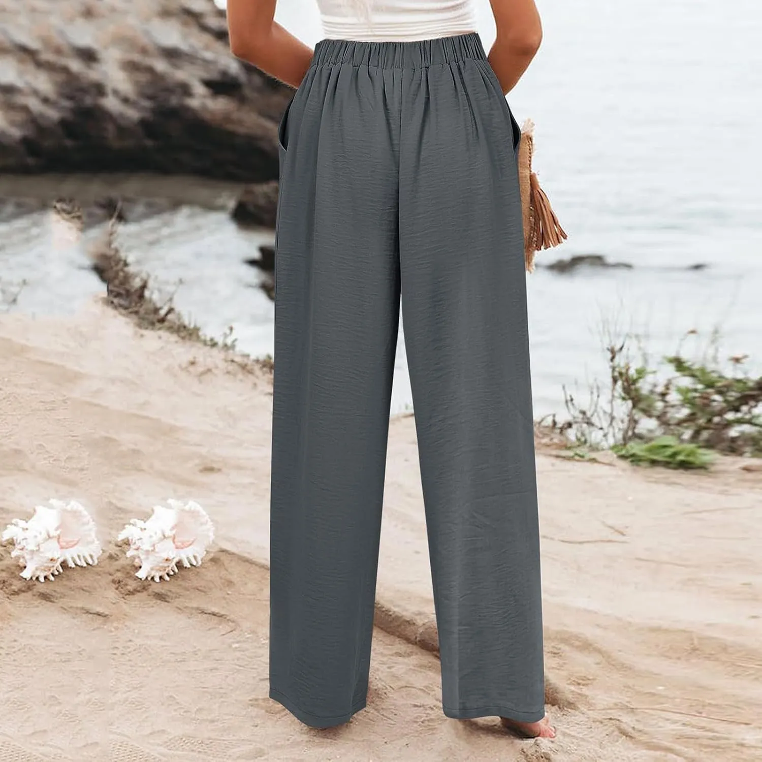 Wide Leg Trousers Pants for Women High Elastic Waisted in The Back Business Work Button Long Casual Pants Palazzo Plus